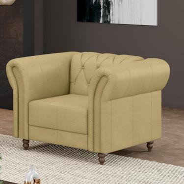 Imagem de Poltrona Decorativa Stanford Chesterfield Pés De Madeira Couro Bege G58 Gran Belo