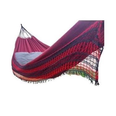 Imagem de Rede de Dormir Descanso Casal, Jeans Confortável E Resistente(Vermelha C/Franjas)