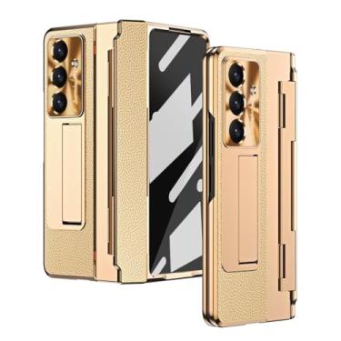 Imagem de Para Samsung Galaxy Z Fold 7 6 5 4 5g com película protetora de tela de vidro, couro de luxo, revestimento em uma peça, dobradiça, capa à prova de choque (para Galaxy Z Fold 6/dourado)