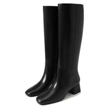 Imagem de MICIFA Botas de cano alto femininas salto grosso bico quadrado couro bota alta para mulheres salto baixo zíper lateral sapatos longos, Preto, 37