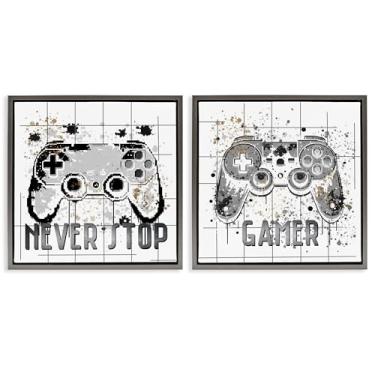 Imagem de Stupell Industries Gamer Words with Modern Pixels Conjunto de tela flutuante com moldura marrom de 2 peças, design de Kim Allen, 63 x 63 cm