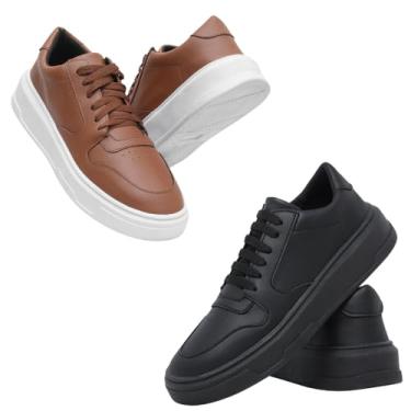Imagem de Tênis Masculino Casual em Couro Ecológico, Sola Alta, Minimalista, Preto com Branco, Slip On, para Dia a Dia e Trabalho, Kit 2 Pares (Caramelo + Preto, BR, Adulto, Numérico, 43)