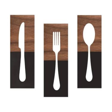 Imagem de XLWLLNJ Conjunto de 3 peças de faca, garfo e colher para decoração de parede. Placa decorativa de madeira rústica para sala de jantar, casa e cafeteria.