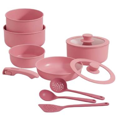 Imagem de Jogo de Panelas Antiaderente Cerâmica 11 Peças com Cabo Removível – Design Empilhável, Tampas de Vidro, Revestimento Premium, Compatível com Fogão a Gás, Elétrico e Indução (ROSA)