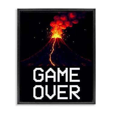 Imagem de Stupell Industries Arte de parede em tela flutuante emoldurada Pixel Volcano Game Over Black, design de Kim Allen, 53 x 43 cm