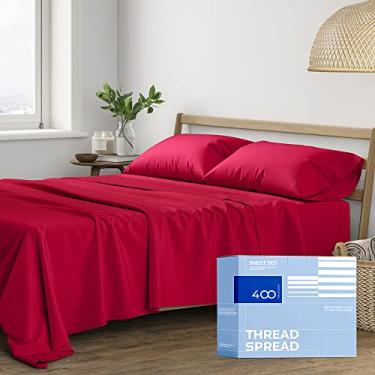 Imagem de THREAD SPREAD Lençóis de algodão King 400 fios – Jogo de cama king size de 4 peças de algodão (vermelho-cereja), macio, refrescante, lençol de cetim com bolso profundo de 40,6 cm para quem dorme