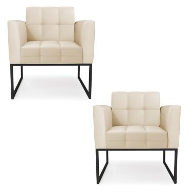 Imagem de Kit 2 Poltronas Elisa Corino Bege Base Metálica Industrial Preto D03 - D'Rossi