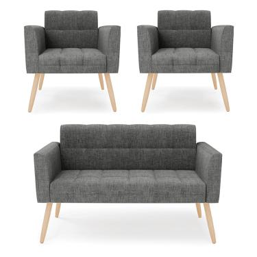 Imagem de Kit 1 Sofá Namoradeira e 2 Poltronas Elisa Linho Grafite A26 Pés Palito Natural D03 - D'Rossi