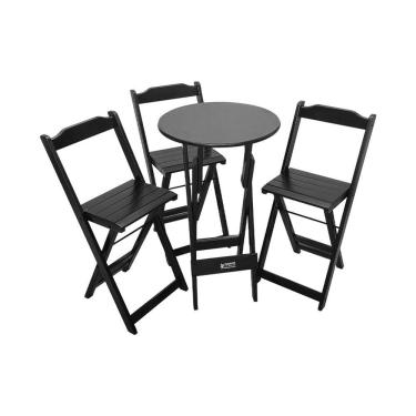 Imagem de Mesa Bistrô Dobrável De Madeira Redonda Com 3 Banquetas Preta - Tarimatã