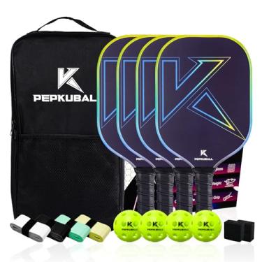 Imagem de Conjunto de 4 bolas de pickleball de fibra de vidro verde – raquetes leves e duráveis com aderência confortável, inclui 4 bolas e bolsa de transporte, 4 fitas adesivas, 2 borrachas para brincar em