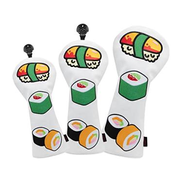 Imagem de Luzhengyang Conjunto de 3 peças de capa de cabeça de madeira de golfe com estampa de sushi | Íon de couro PU premium com etiqueta numérica ajustável | Presente para amantes de golfe - Design