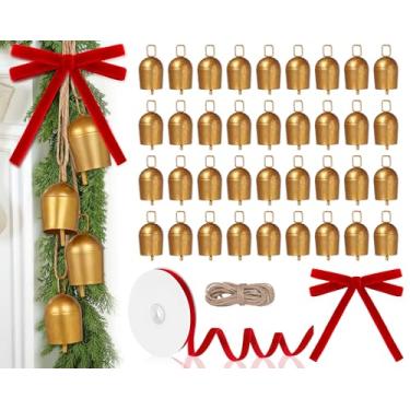 Imagem de MorningRo 38 peças de guirlanda de Natal decorações vintage fita de veludo de 15 jardas 36 peças de sinos vintage de metal dourado com corda de suspensão de juta sino decorativo de vaca para