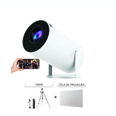 Imagem de Projetor Datashow Projeção Portátil Android 11 Suporte 4K 1080p WiFi 6 Branco com Tripé e Telão