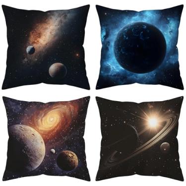 Imagem de HYJ Conjunto de 4 capas de almofada misteriosa nebulosa planeta universo espaço sideral galáxia estrela arte decorativa fronha quadrada de linho branco para cama escritório 45,7 cm x 45,7 cm