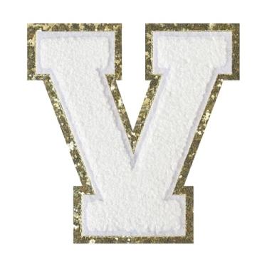 Imagem de 1 Patch de letra de chenille de ferro branco de 11,4 cm com borda dourada – Remendos do alfabeto para roupas, jaquetas, mochilas, chapéus para decoração personalizada, nome personalizado e artesanato