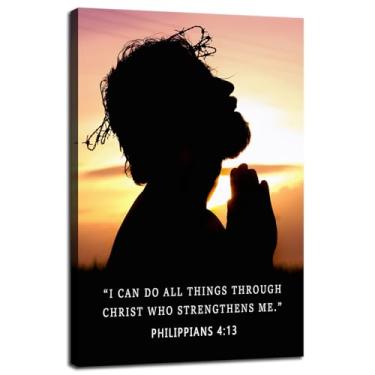 Imagem de Decoração de parede religiosa "I Can Do All Things Through Christ" Filipenses 4:13 Pôster de versículo da Bíblia Arte de Parede Inspiradora Silhueta de Jesus com Coroa Citação Inspiradora para Casa da