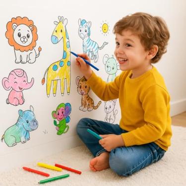 Imagem de Papel Adesivo Infantil para Colorir Tema Animais Destacável 3m x 30 cm Brinquedo Educativo para Crianças a Partir de 3 Anos Desenho Para Pintar Presente Colável Parede Chão Superficie Plana