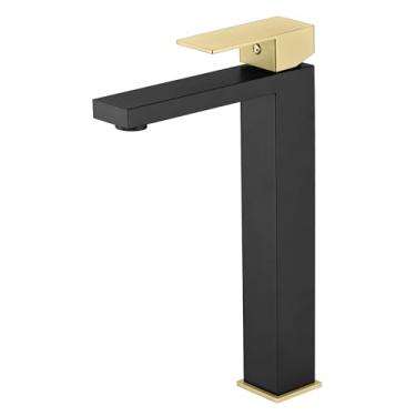 Imagem de sumerain Torneira de pia de embarcação, torneira de banheiro alta de aço inoxidável 304, furo único, preto e dourado, sem chumbo e economia de água