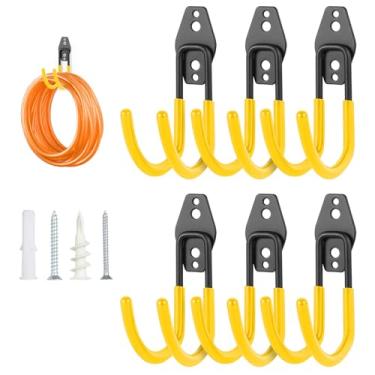 Imagem de Pruite Suporte de parede para mangueira, suporte de mangueira resistente com parafusos, cabides de mangueira de metal para fora, suporte de mangueira adequado para garagem, jardim e quintal, amarelo