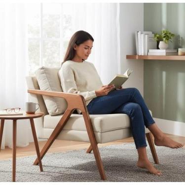 Imagem de Poltronas Decorativa Mona Luxo Madeira Maciça Tecido Linho Gustavo Dec