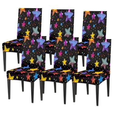 Imagem de hongjinglin Conjunto de 6 capas elásticas para cadeira de sala de jantar, capa protetora de assento de cadeira, estrela, colorida, removível, lavável, para cozinha, casa, hotel, banquete, festa de