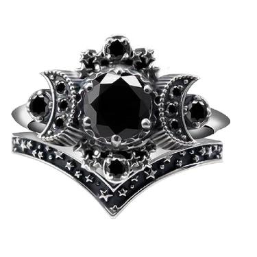 Imagem de Wicca Pagan Tripla Lua Deus Conjunto de Anéis Preto Roxo Cristal Cresente para Mulheres Casamento Noivado Promessa Joias, Metal, Ágata
