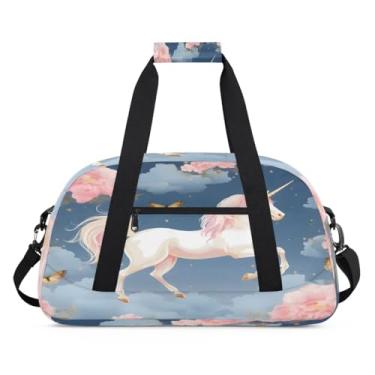 Imagem de Bolsa esportiva de unicórnio, animal, borboleta, tamanho grande, impermeável, durável, dobrável, bolsa noturna, bolsa de fim de semana, bolsa de treino para dança, balé, academia, ginástica, bolsa de