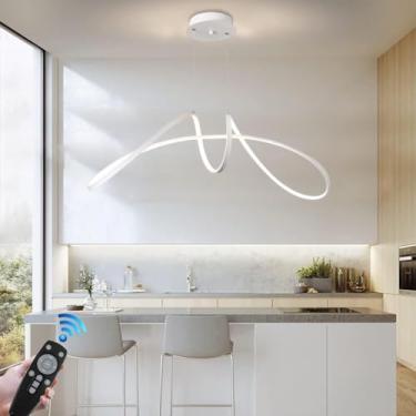 Imagem de Lustre LED moderno e criativo, com intensidade regulável, para mesa de jantar, com controle remoto, 52W, em alumínio. Design nórdico linear, ideal para decoração de restaurantes, cozinhas, e