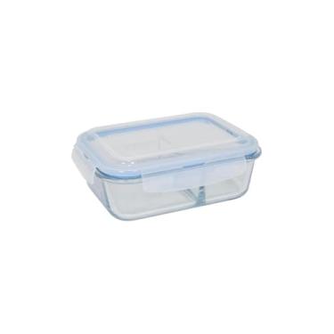 Imagem de Pote Retangular Hermético Com Divisória, Vidro Borossilicato, Tampa Silicone, 1520ml, Transparente Com Detalhe Azul, Para Armazenar Alimentos, Micro-ondas, Freezer, Lava Louça
