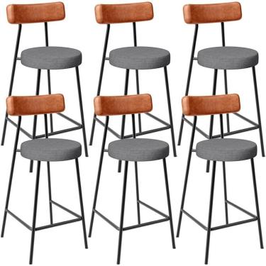 Imagem de Kit 06 Banquetas Baixa Cozinha Jantar Milão L02 Couríssimo Camel Linho Cinza Escuro - Lyam Decor