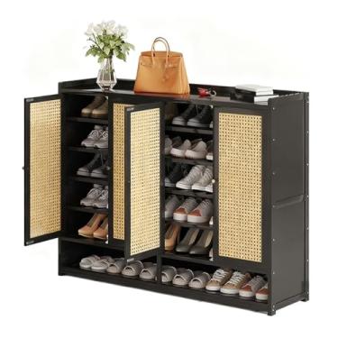 Imagem de SPXMQSS Armário de sapatos com portas, armário de armazenamento de sapatos grande de 7/8 níveis para entrada de bambu, sapateira independente para corredor, sala de estar, quarto, armário preto 120 x