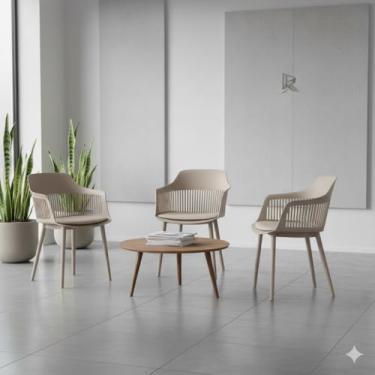 Imagem de Kit 3 Cadeiras Marcela Montreau, Polipropileno Bege Nude, com Almofada, para Sala de Jantar, Cozinha, Escritório e Recepção