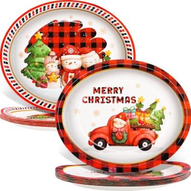 Imagem de WorldBazaar pratos ovais xadrez de natal de papel, grandes pratos descartáveis para jantar, utensílios de mesa para férias