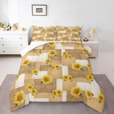 Imagem de jejeloiu Jogo de cama solteiro com estampa floral de casa de fazenda ocidental para meninos e meninas, edredom geométrico, reversível, para decoração de quarto