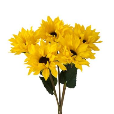 Imagem de Floral Kingdom Pacote com 5 girassóis artificiais, amarelos, 58 cm, flores artificiais de toque real para decoração de casa, centros de mesa e arranjos de vasos altos