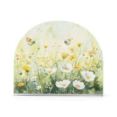 Imagem de xigua Porta-guardanapos de acrílico, porta-guardanapos de flores silvestres verdes e borboletas para mesas cozinha restaurante decoração de casa, suporte decorativo moderno para guardanapos de