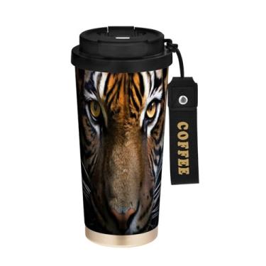 Imagem de YETTASBIN Caneca de café Tiger com isolamento térmico de 482 g com tampa canudo, copo à prova de derramamento e vazamento com alça para bebida quente e fria, garrafa de água de aço inoxidável