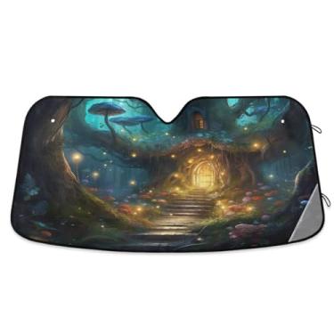 Imagem de Wassud Guarda-sol de para-brisa de carro de casa de campo Mystic Forest, persianas refletivas de janela frontal de carro, protetor de viseira de sol bloqueia raios UV, persiana dobrável sanfonada para