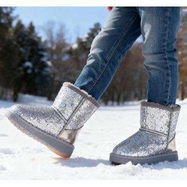 Imagem de Botas de neve infantis com glitter, sapatos quentes de inverno, com lantejoulas, brilhantes, para uso ao ar livre, antiderrapante (bebês/crianças pequenas), Prata, 11.5 Little Kid