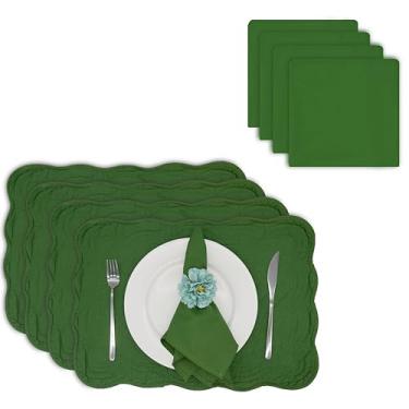 Imagem de ART Pinecone Jogo americano de algodão acolchoado com guardanapos de algodão brancos combinando – Conjunto de 6 tapetes de mesa e 6 guardanapos de pano – Conjunto de linho de mesa branco sólido para