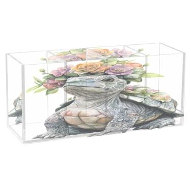Imagem de Burbuja Porta-canetas de acrílico de tartaruga em flor, 4 compartimentos, suporte de lápis transparente para pincel de maquiagem estacionário, acessórios de mesa de escritório em casa