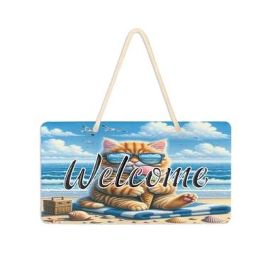 Imagem de Burbuja Placa de boas-vindas Cat on Beach para porta da frente, placa de boas-vindas de PVC para decoração de férias de casa de fazenda, 15 x 28 cm