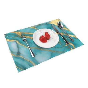 Imagem de Jogo americano de mesa de jantar requintado com estampa de mármore dourado turquesa lavável tapetes antiderrapantes para cozinha decoração de casa