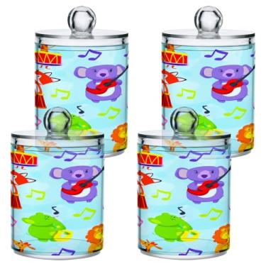 Imagem de STAYTOP 2 frascos de boticário com dispensador Qtip para banheiro com etiquetas – Recipiente de armazenamento Qtip de plástico transparente para bola de algodão, cotonete, grão de café - animais fofos