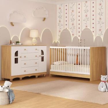Imagem de Berço 3 em 1 para Colchão 130x60cm com Cômoda 2 Portas 4 Gavetas Aurora Multimóveis Mp4766 Madeirado/branco