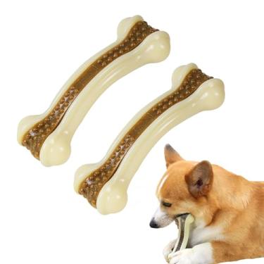 Imagem de Geeyteek Ossos de cachorro para mastigadores agressivos, pacote com 2 brinquedos de dentição de filhotes com sabor de carne real para raças médias/pequenas, brinquedos de mastigar cães duráveis de
