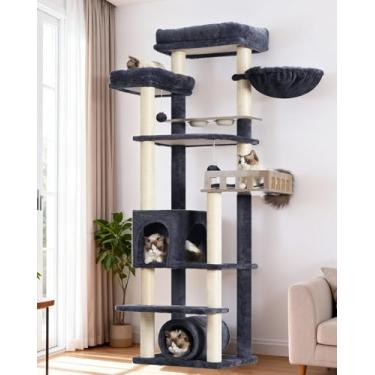 Imagem de Gitelsnour Árvore para gatos com túnel, torre para gatos internos, torre alta para gatos com condomínio para gatos, estação de alimentação, plataforma grande, postes para arranhar, rede, cinza