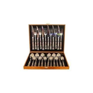 Imagem de Conjunto de Talheres 24 Peças em Aço Inoxidável com Maleta Dourada, Acabamento Espelhado, Inclui Facas, Garfos, Colheres de Mesa e Sobremesa