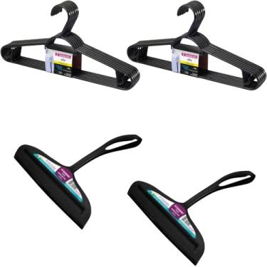 Imagem de Conjunto de 2 Rodo Plástico Multiuso Preto com Raspador 18cm + 2 Cabide Plástico Adulto Roupas Médias – Leve 6 Pague 5