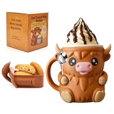 Imagem de Suporte para sorvete Highland Cow com colher, com compartimentos de casco para guardar sua colher, para 473 ml, picolé à prova de vazamento, recipiente mais frio, copo de lata de refrigerante para